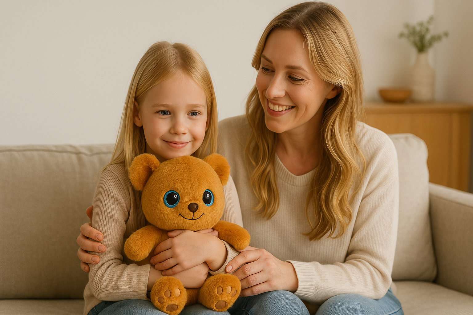 Child and parent sitting in a Scandinavian living room with the Yuumiu AI emotional companion bear